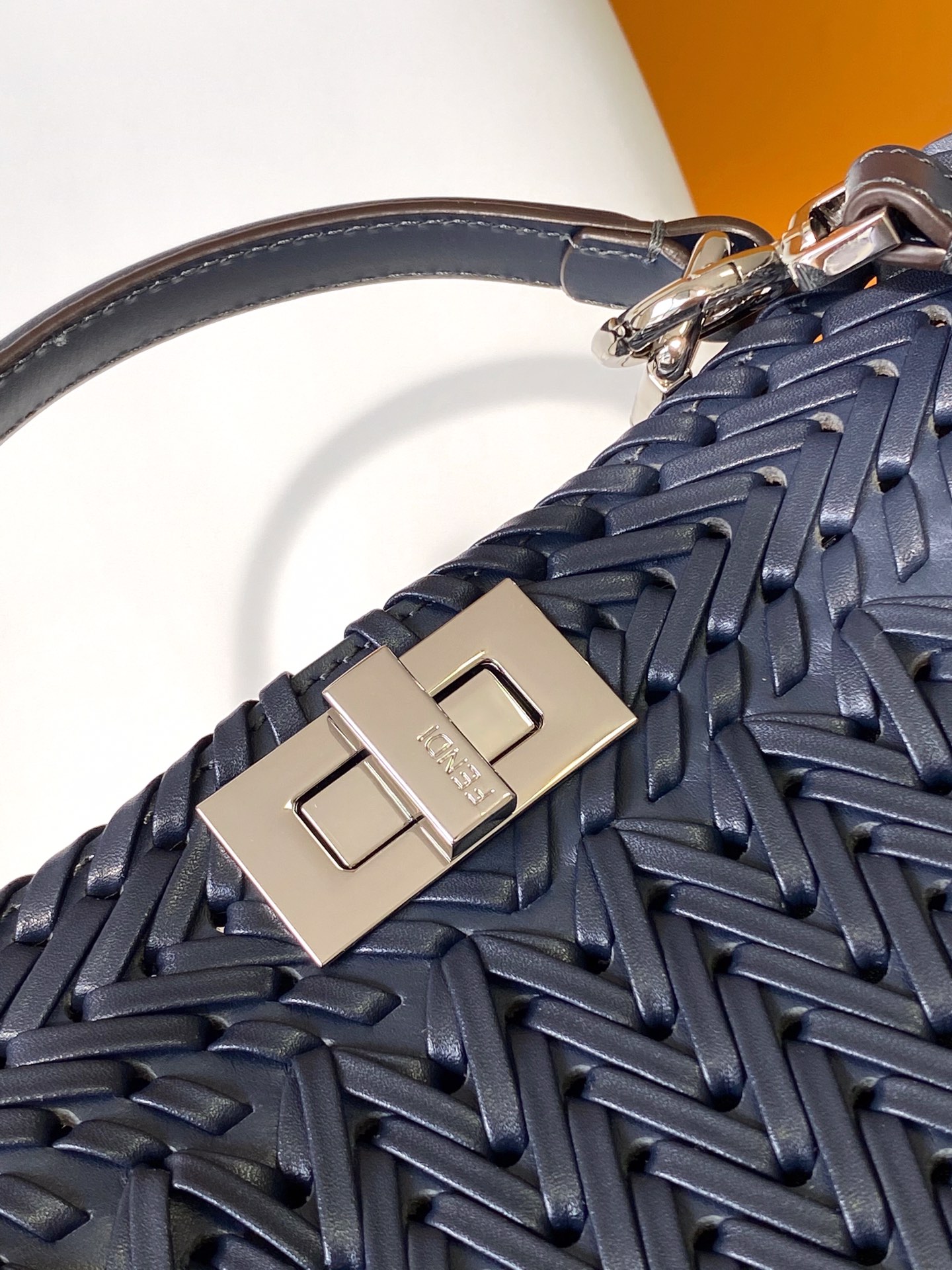 Fendi Peekaboo ISeeU Small Navy Blue Interlace Leather Bag